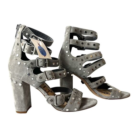 Sam Edelman Womens 7.5 M Gray Suede Studded Cage Ultra High Heel Sandal Open Toe - Picture 3 of 10
